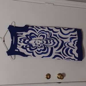 Blue and white sleeveless Kim Rogers shift dress